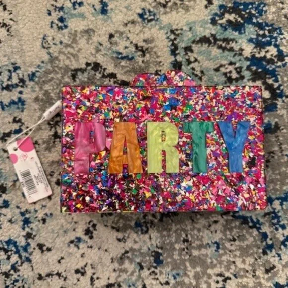 NEW NWT BARI LYNN PARTY ACRYLIC CLUTCH $90 RAINBOW CHAIN STRAP - Picture 3 of 5